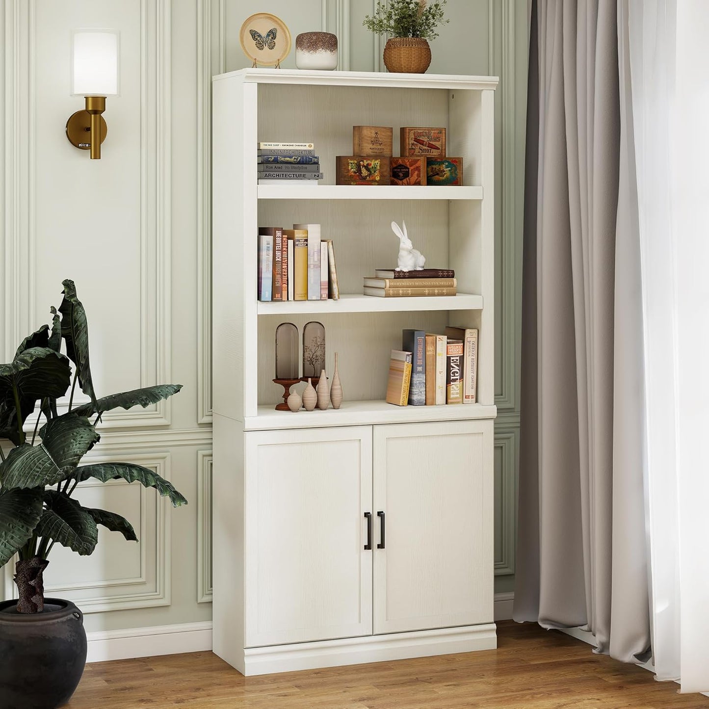 70 Inch Tall Bookcase with Doors, Library Office Bookshelf with Adjustable Shelves, Floor Standing Storage Cabinet for Bedroom Living Room Organizer with Anti Tipping Kit, Soft White Finish