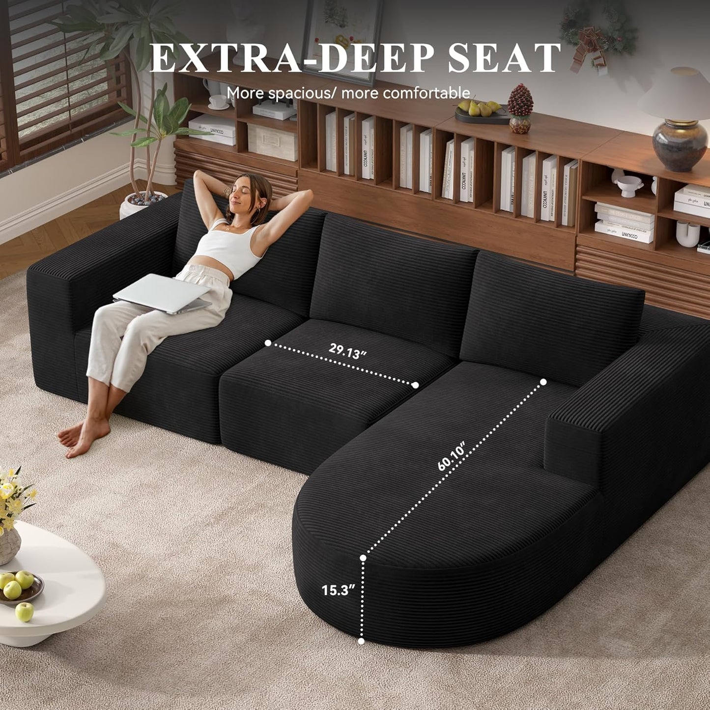 Modular Sectional Sofa with L-Shape Chaise,Cloud Sectional Modern Sleeper Couch with Deep Seat,Sponge Compression Sofas No Assembly Required(Black-Corduroy Fabric) 1PCS