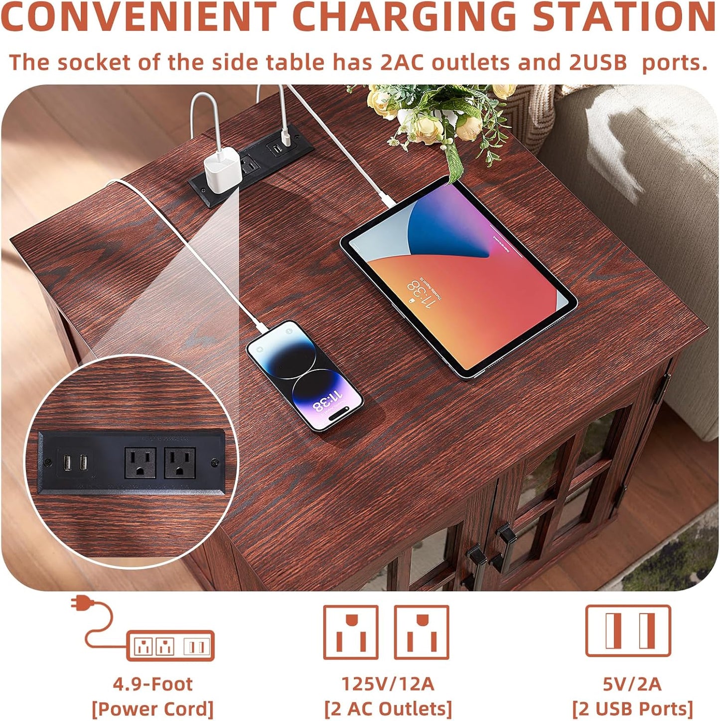 Farmhouse 24" End Table Set of 2 with Charging Station, Large Sofa Side Table with Glass Barn Door,Wood Night Stand with Adjustable Storage Shelf,Square Bedside Table for Living Room,Bedroom