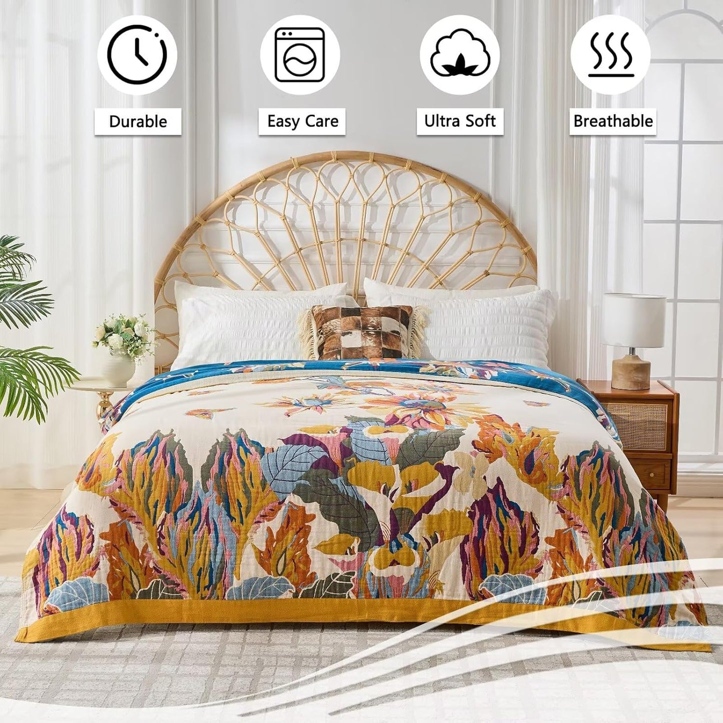 Boho Throw Blanket for Bed, Lightweight Reversible Quilt, Fall Cotton Blanket, Queen Size Boho Floral Bird Colorful Retro Quilt Ultra Soft Reversible Gauze Blanket for All Season, 80"x90"