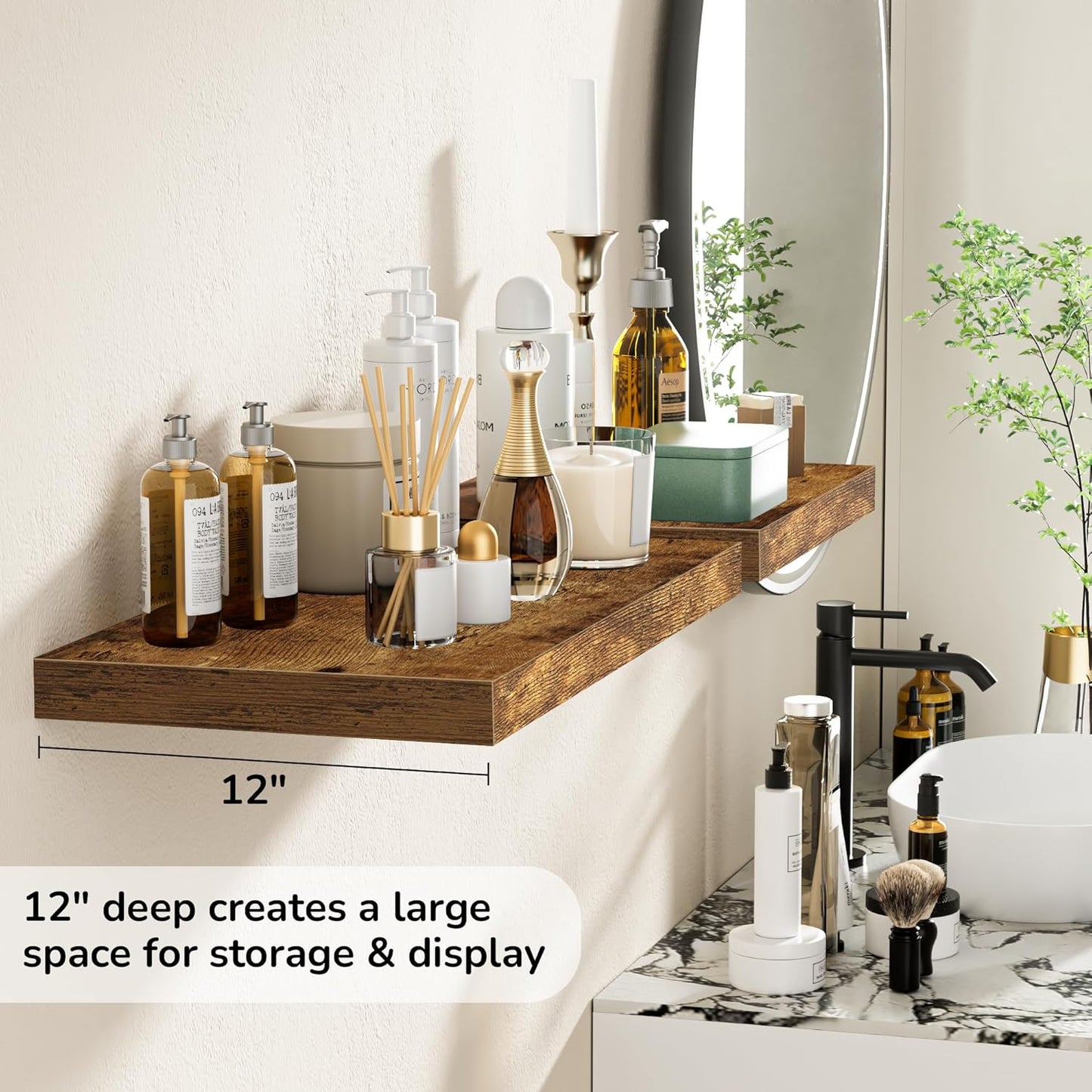 Fun Memories Floating Shelves - 2 Pack 12 Inch Deep Rustic Wooden Wall Shelves - Extra Deeper & Thicker Wall Mounted Storage Shelf for Living Room, Kitchen, Farmhouse - 16" W x 12" D x 1.5" H - Brown