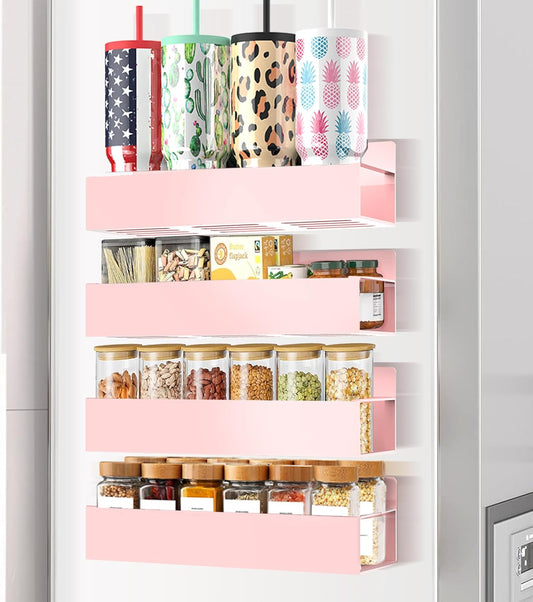 Magnetic Spice Rack Organizer for Fridge Seasoning Organizer for Kitchen Storage With Screw Magnetic Shelf for Oven, RV,Garage,Bathroom (Pink, 4pack)