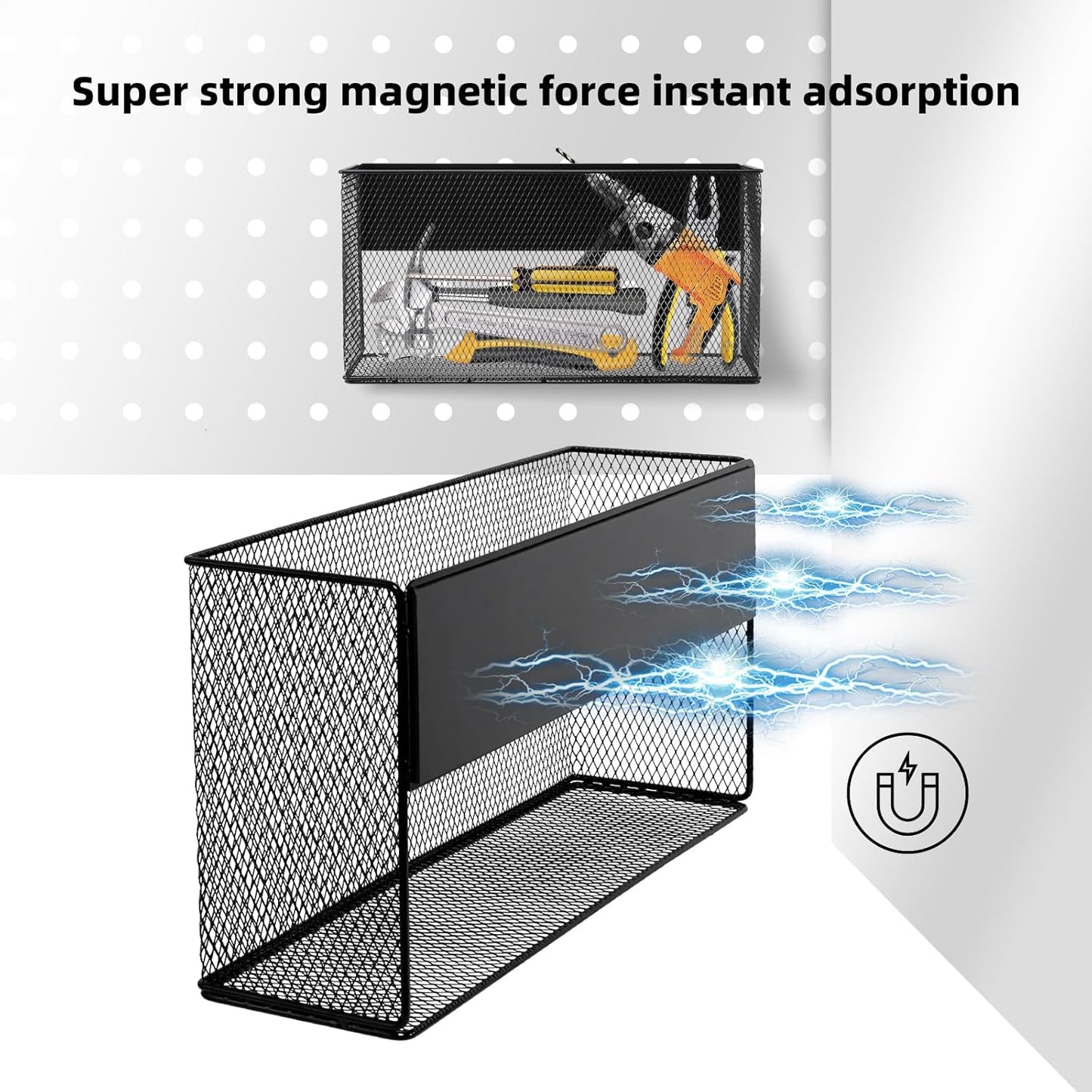 Black Magnetic Basket for Refrigerator, Black Magnetic Basket Organizer Magnetic Spice Rack, Magnetic Locker Organizer Holder for Kitchen Storage, Magazine, Whiteboard