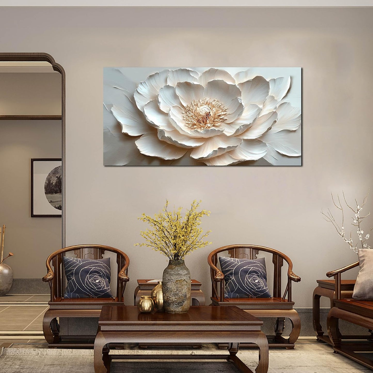 White Flower Canvas Wall Art for Bedroom - Floral Pictures Wall Art for Living Room - Girls Room Decor Ready to Hang Size 24" x 48"