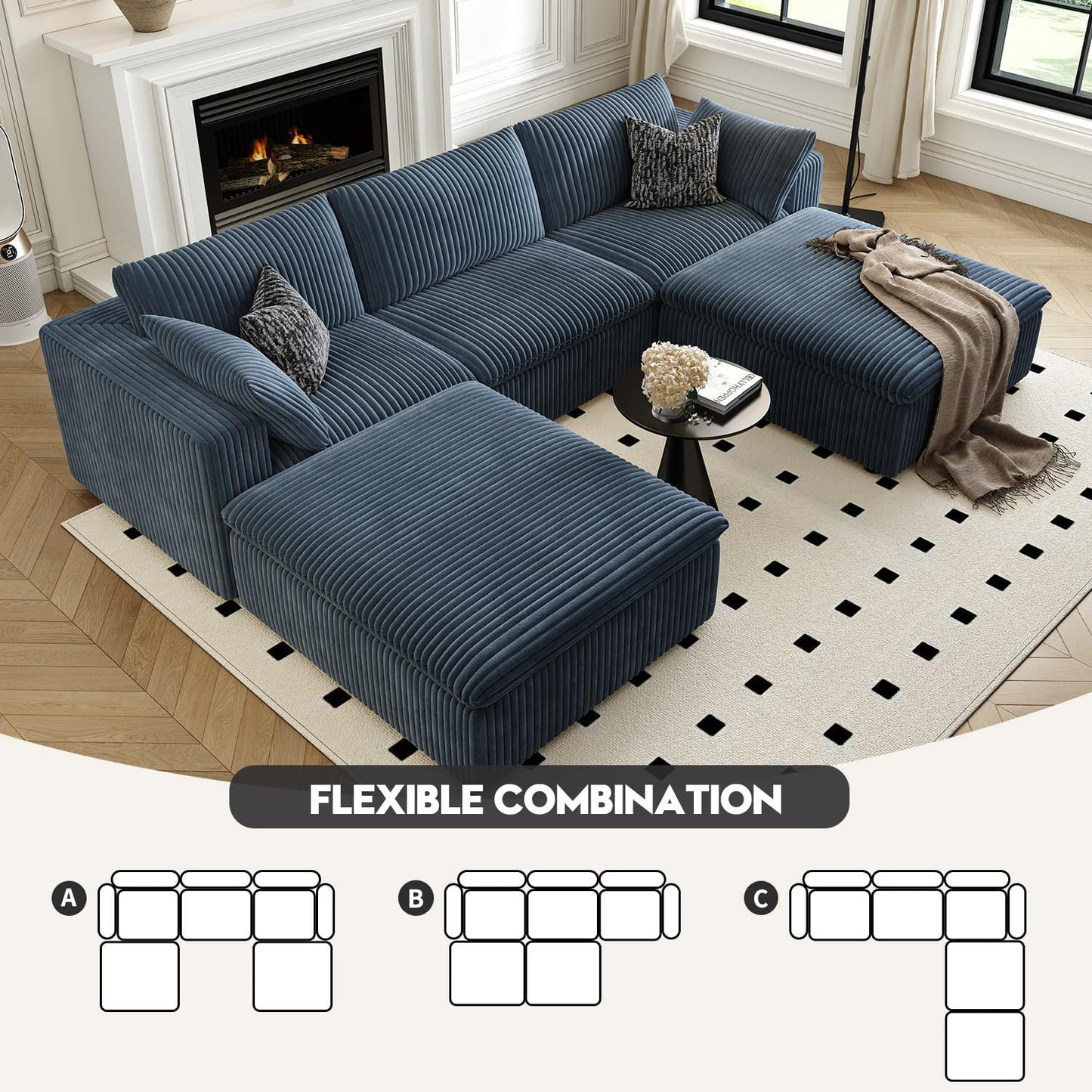 118" Cloud Couch Modular Sectional Sofa for Living Room,Modern Sofa with Deep Seat，U-Shape Boneless Couch with 2 Ottoman,Comfy Upholstered Corduroy Couches for Apartment, Studio, Office,Bedroom，Blue