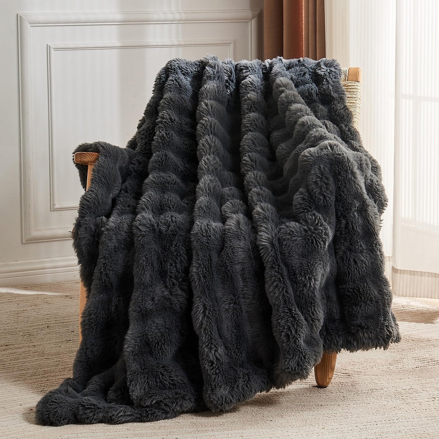 Lotus Karen Faux Fur Blanket Dark Gray Twin Size - Big Bubble Rabbit Fluff Throws for Couch Small Fluffy Fuzzy Cozy Thick Furry Plush Shaggy Blankets 60x80 Inches