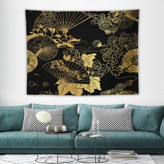 HZOHNAGO Japanese Tapestry Gold Flowers Umbrella Fan Pattern Printed Wall Tapestry Painting Wall Hanging for Bedroom Living Room Dorm 80" W x 60" H