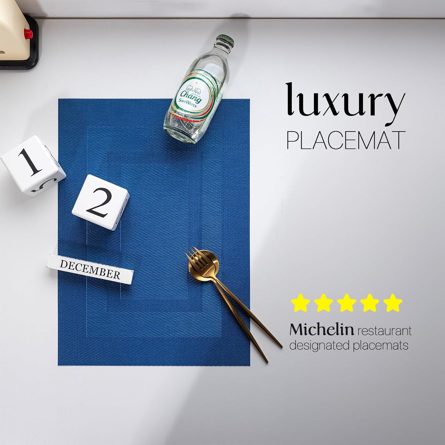 LEXMORE Placemats Set of 8 Vinyl/Plastic Woven Place Mats for Kitchen Table Indoor/Outdoor Washable Placemat Wipeable Dining Table Mats(Navy Cube)