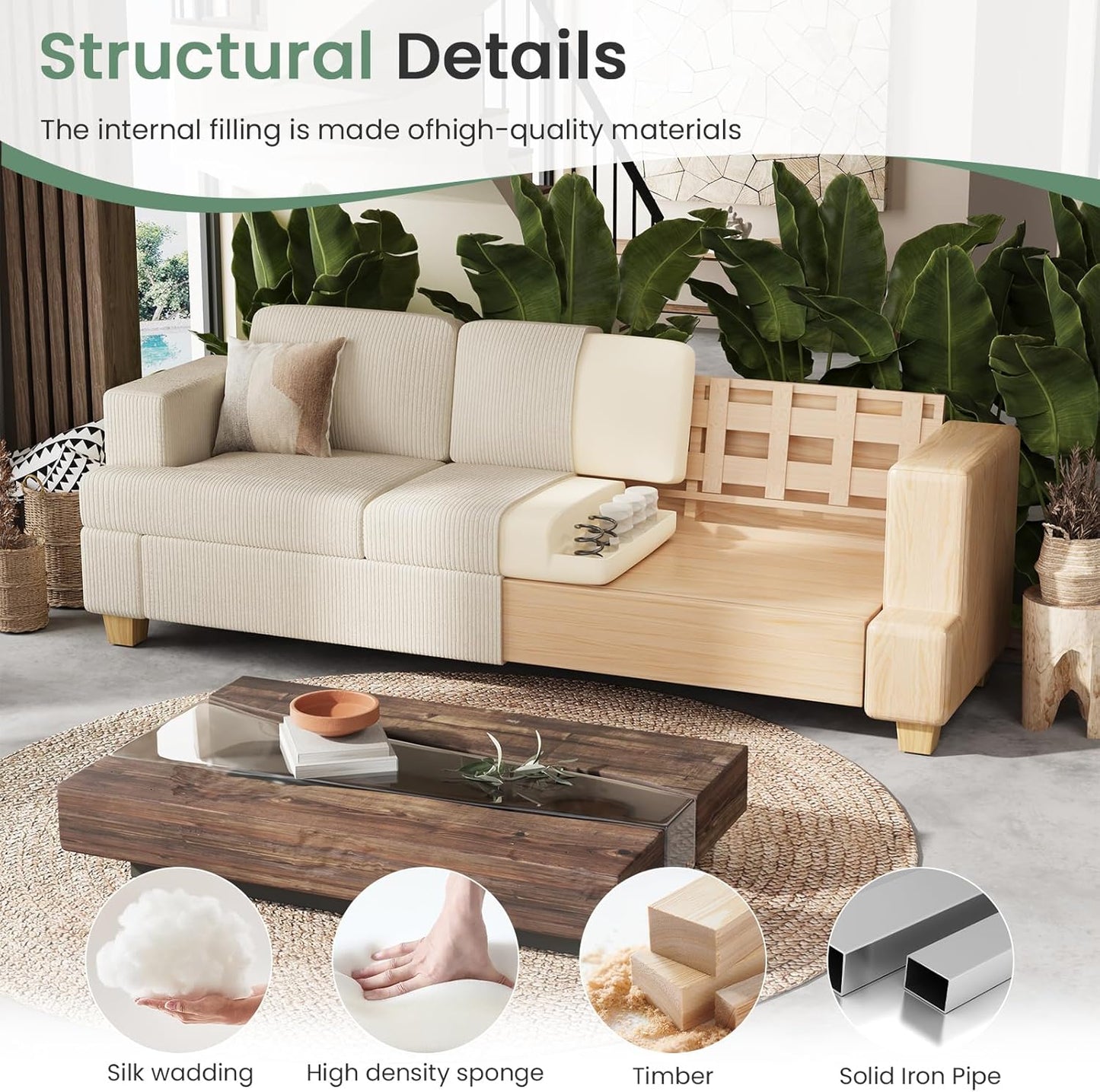 2 Pieces Corduroy Couch Set for Living Room, 6 Seats Cloud Sofa, Deep Seat Floor Couch for Bedroom, Futon Modern Sofa Bed, White Corduroy