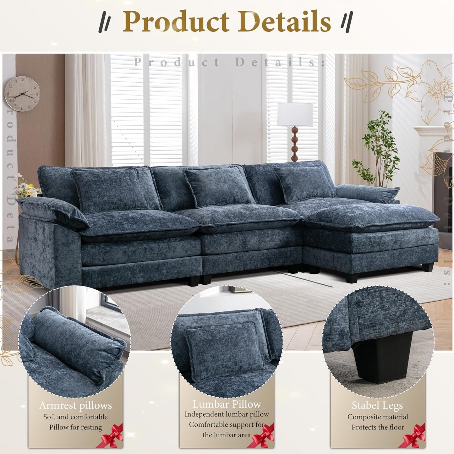 URRED Modular Sectional Sofa Comfy Cloud Couch, Modern Chenille Sofa Sleeper Deep Seat Couches with Ottoman/Pillows for Living Room (Blue, 117''- L Shape)