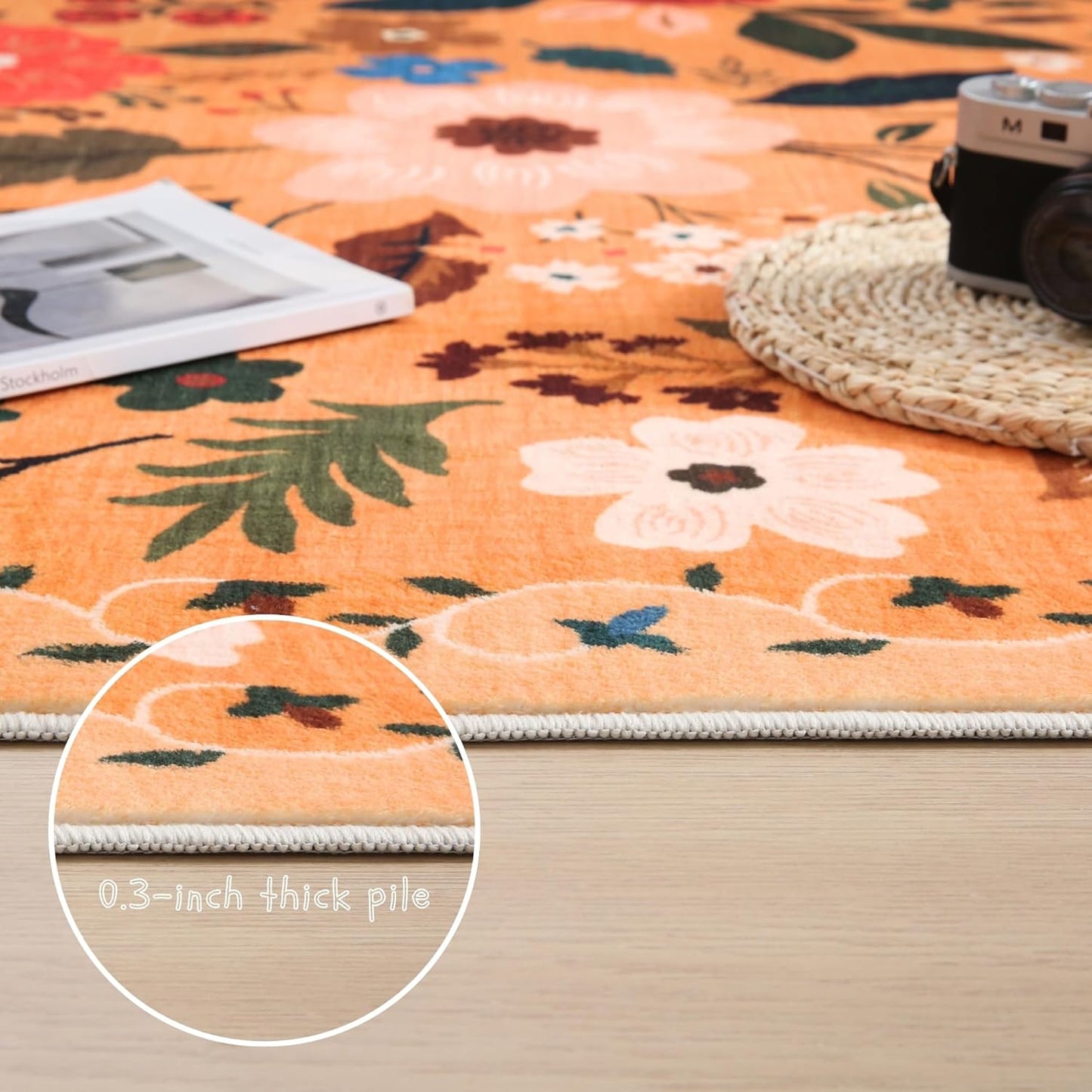 Area Rugs 8x10 Rug for Living Room Clearance Washable Boho Area Rug Non Slip Floral Vintage Low Pile Large Rug for Living Room, Bedroom, Farmhouse, Dining Room, Kids Playroom(Yellow)