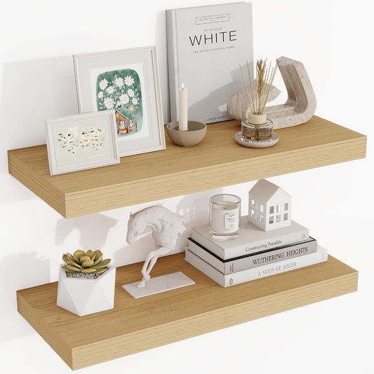 24 Inch Floating Shelves, 3D Textured Wood Grain, 24"x9.25"x1.5" Inch Deep Floating Shelves for Wall, Wooden Shelves for Bathroom, Bedroom, Living Room, Natural