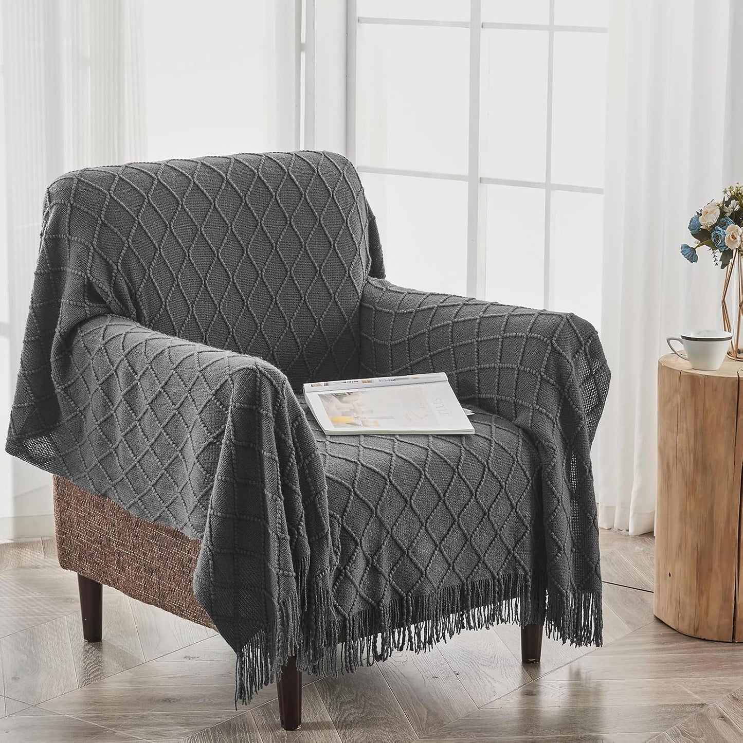 inhand Grey Throw Blanket for Couch and Bed, Soft Living Room Home Decor Knitted Twin Size Blanket, Outdoor Lightweight Breathable Summer Blanket, Farmhouse Warm Woven Decorative, 60"x80"