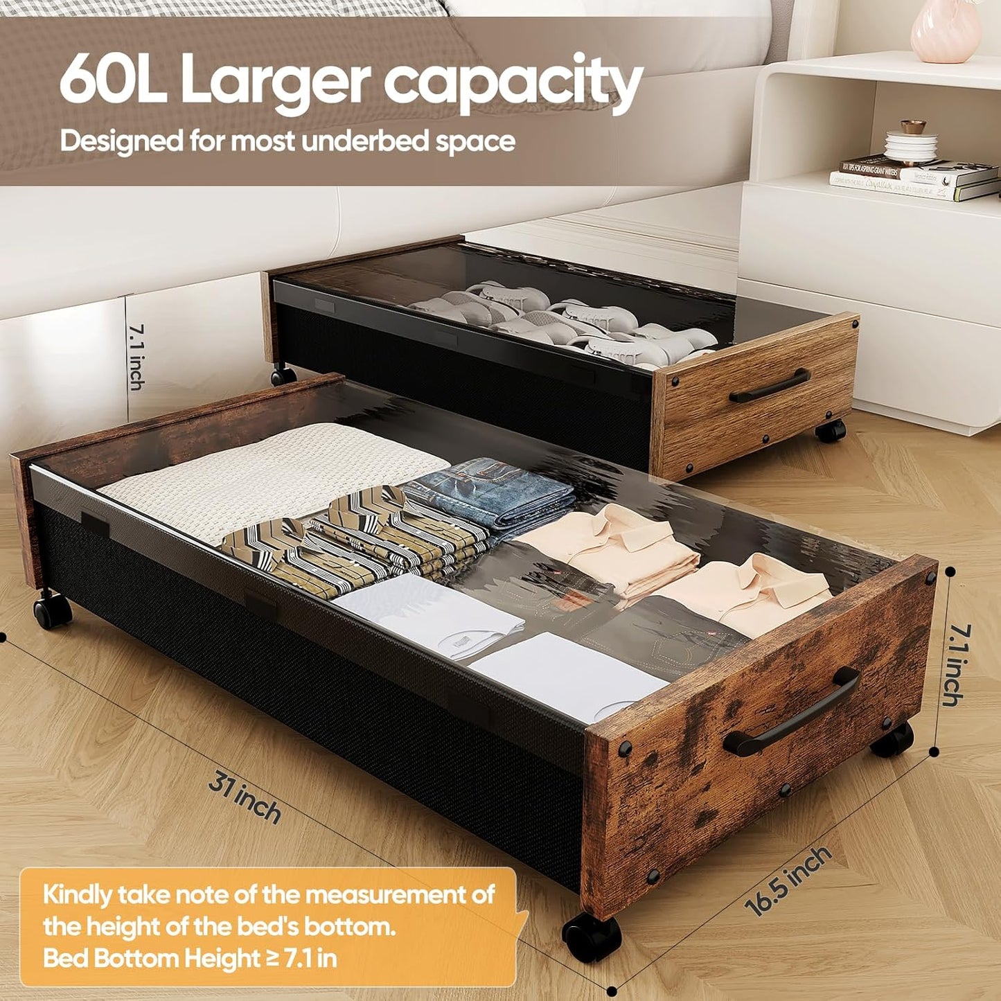 Wooden Under Bed Storage with Wheels, Rolling Under the Bed Storage Bins with Removable Lid, Metal Under Bed Drawers for Clothes and Shoes in Bedroom or Living Room(Black Wood-1pack)