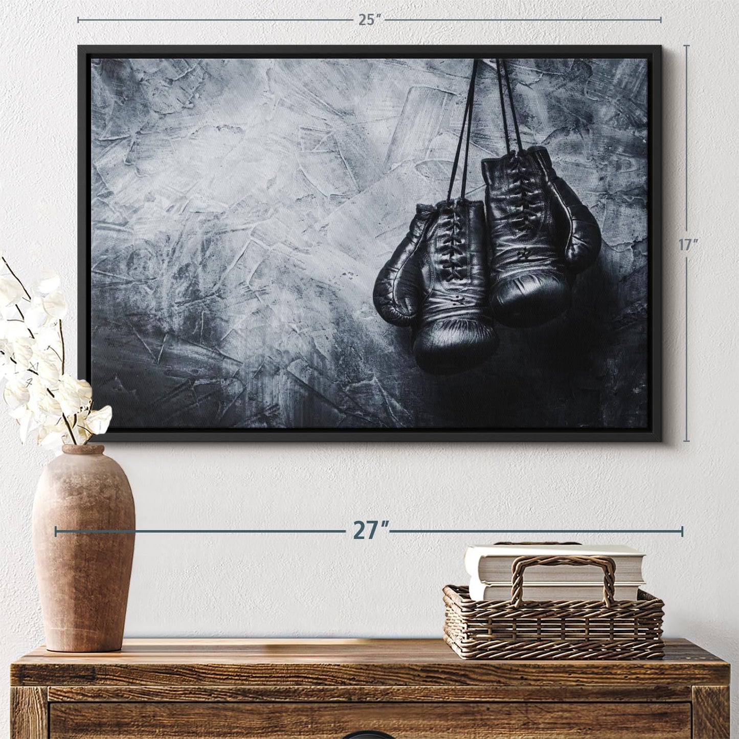 ElephantStock Boxing Gloves Wall Art - Horizontal Framed Canvas - 1-Piece Living Room Wall Decor - Photography Sports Canvas Print - Black and Gray Decor for Wall - 25" X 17"