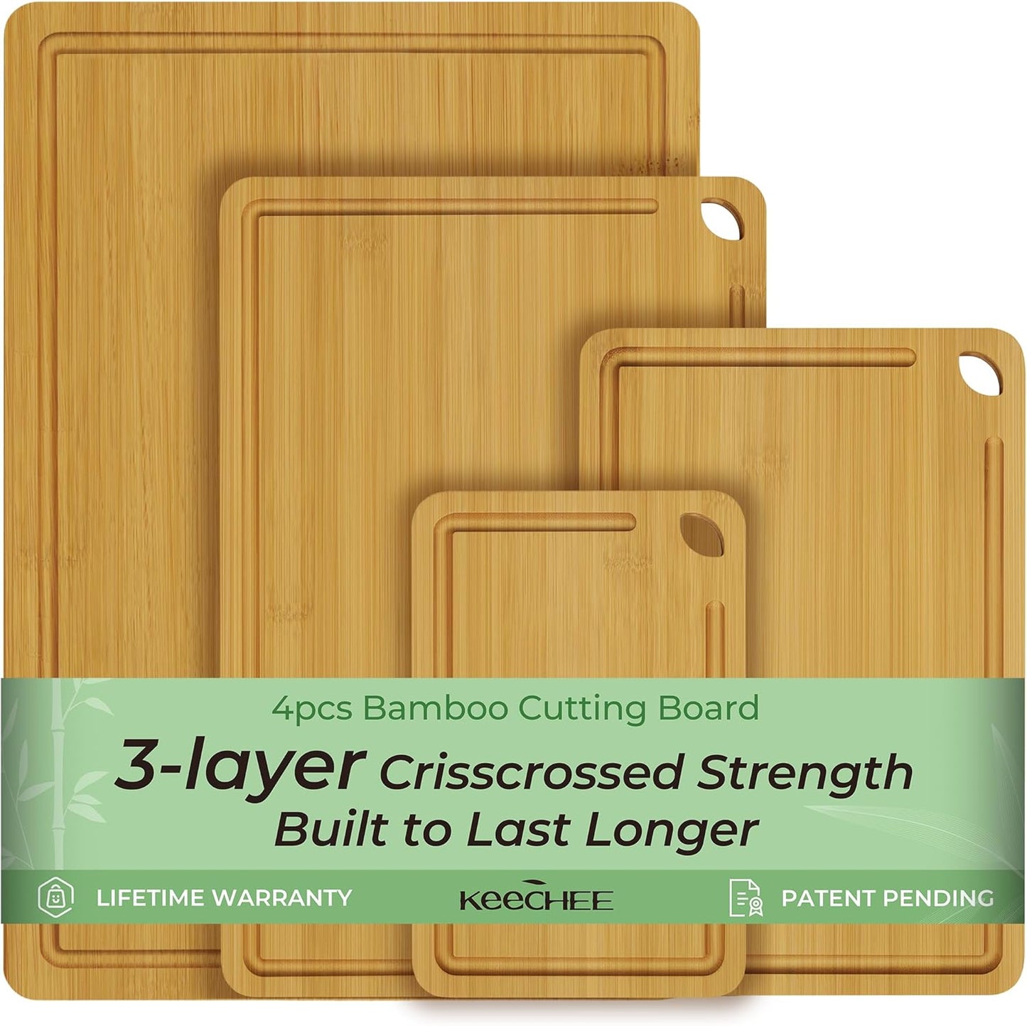4-Pcs Natural Wood Cutting Board Set Kitchen Tools with Juice Groove, Wooden Chopping Board for Meat, Fruit, Vegetables & Cheese (Pre Oiled, Natural)