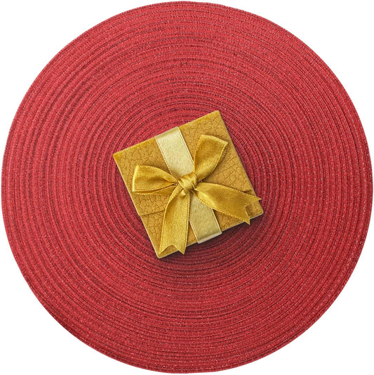 AHHFSMEI Round Braided Placemats Set of 6 Round Table Mats for Dining Tables Natural Woven Heat Resistant Place mats 15 Inch (Christmas red, 6)