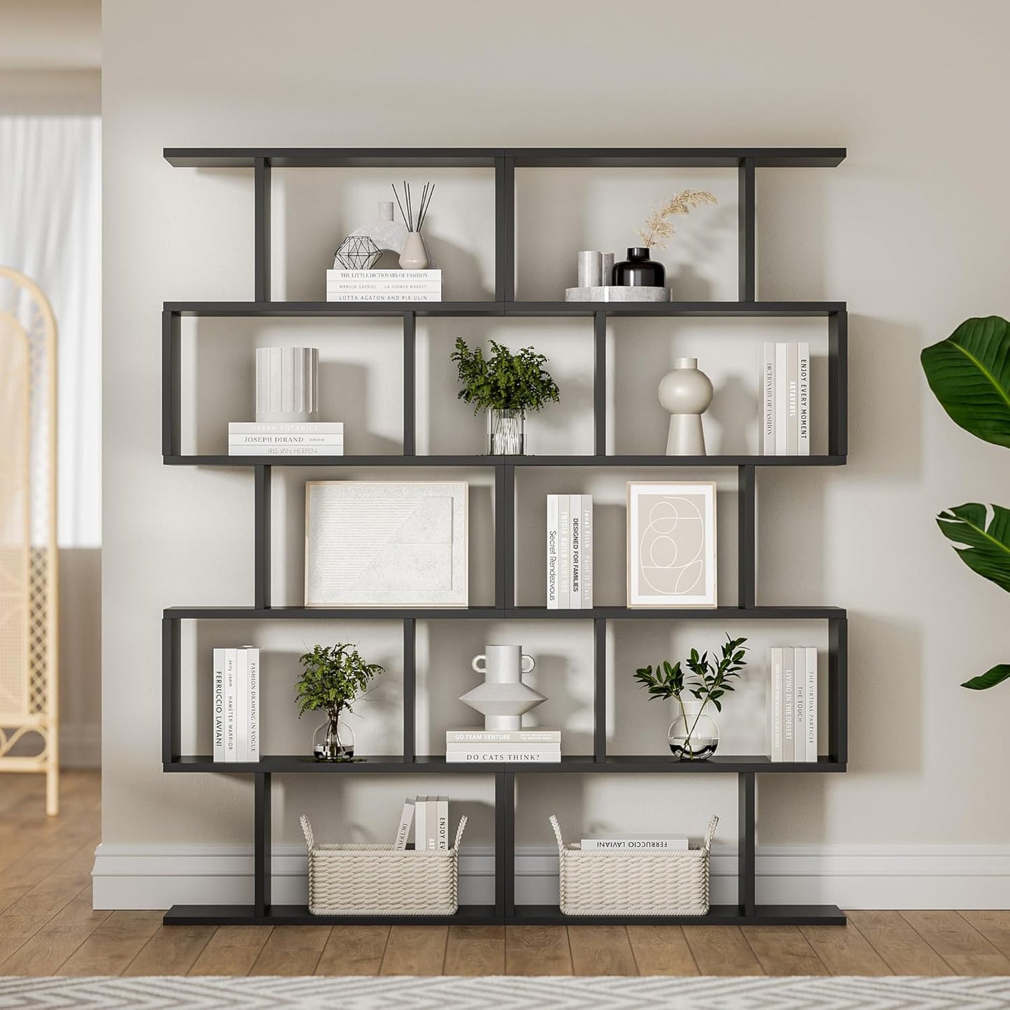 Black 5-Tier Geometric Bookcase, S-Shaped Modern Bookshelf Set of 2, 62.6" Tall Room Divider Book Shelf, Decorative Display Shelf