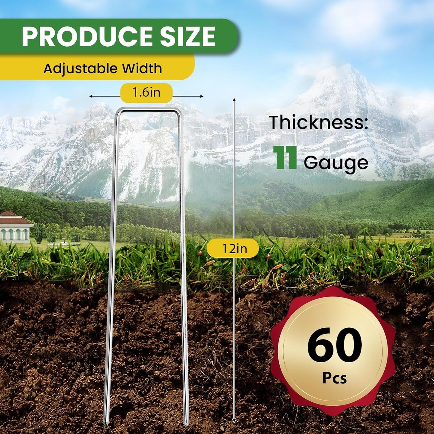 Landscape Staples Galvanized 12 Inch 60 Pcs, Metal Garden Stakes 1.6 Inch, Garden Staples for Weed Barrier Lawn 11 Gauge