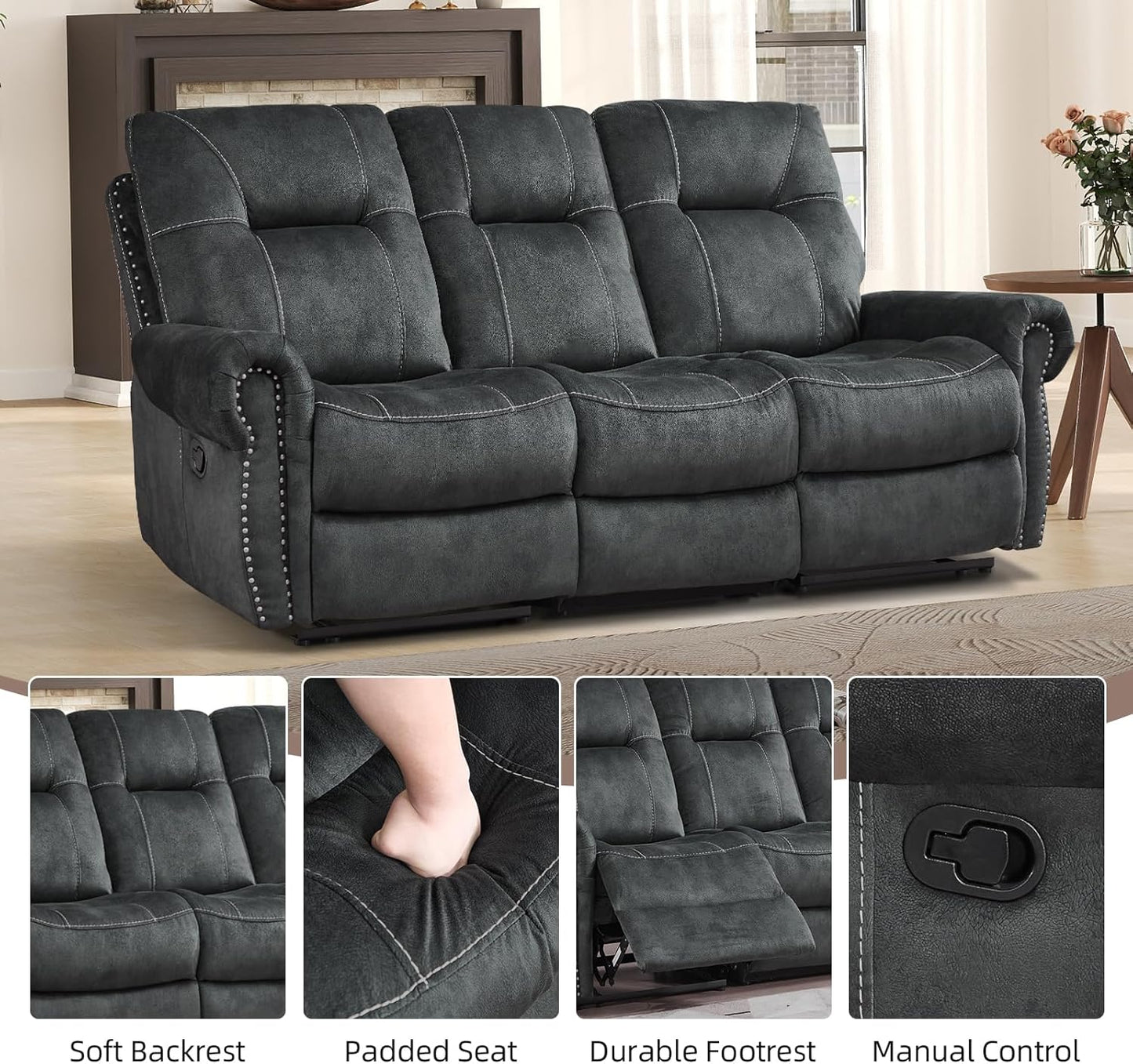 EBELLO 3 Pieces Reclining Couch Furniture Set for Living Room, Double 1 Seat Power Recliner Chair with Massage and Heat, a 3 Seater Manual Sofa, Vintage Rivet Mid-Century Design, Grey