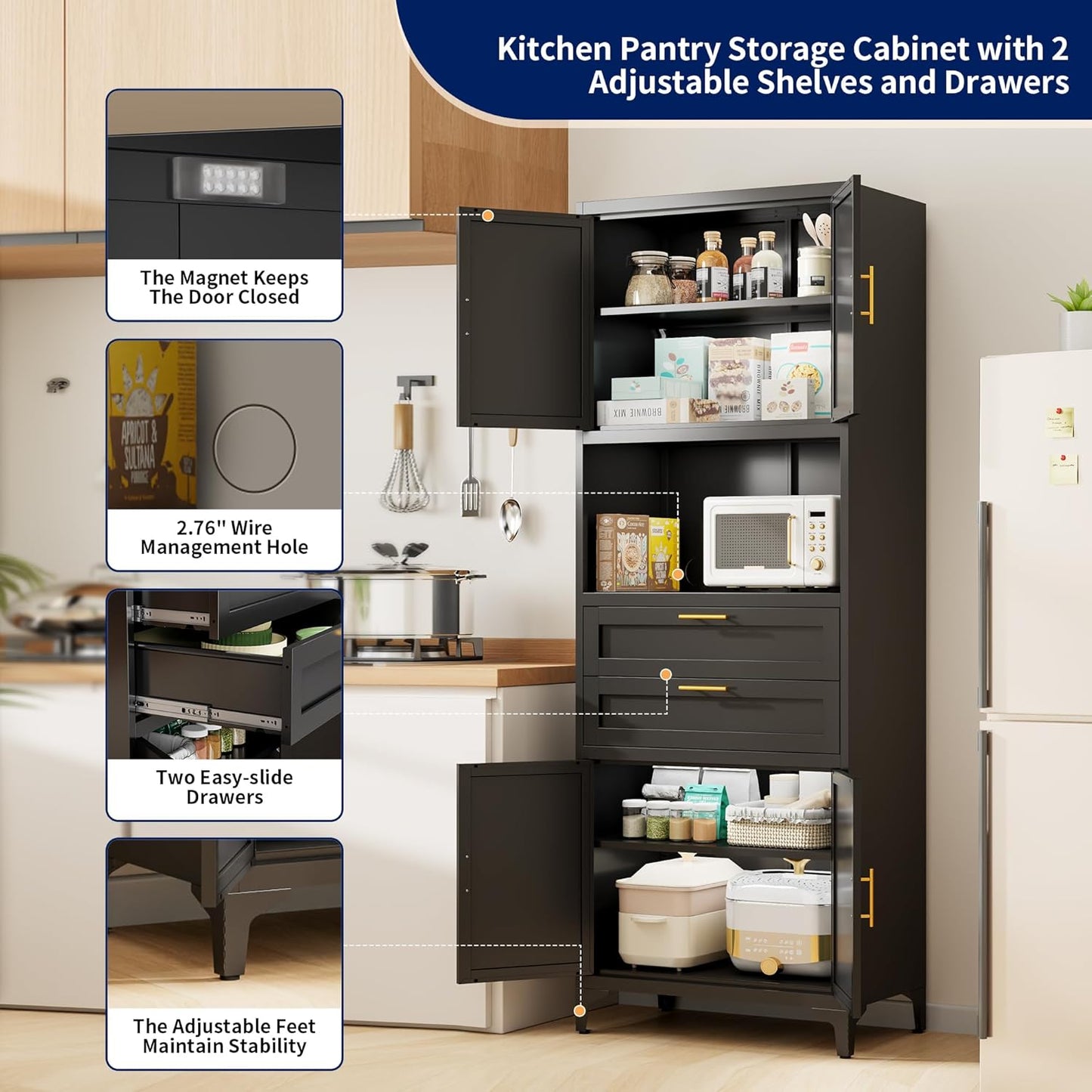 75” Tall Kitchen Pantry Storage Cabinet, Metal Storage Cabinet with 2 Drawers and Adjustable Shelves, Kitchen Pantry Cupboard, Freestanding Cupboard for Bathroom, Living Room(Black)