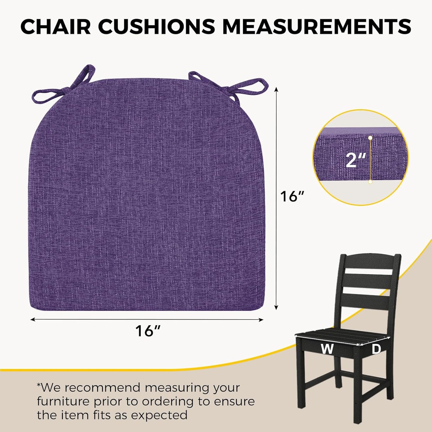 downluxe Indoor Chair Cushions for Dining Chairs, Soft and Comfortable Textured Foam Kitchen Chair Pads with Ties and Non-Slip Backing, 16" x 16" x 2", Purple, 4 Pack