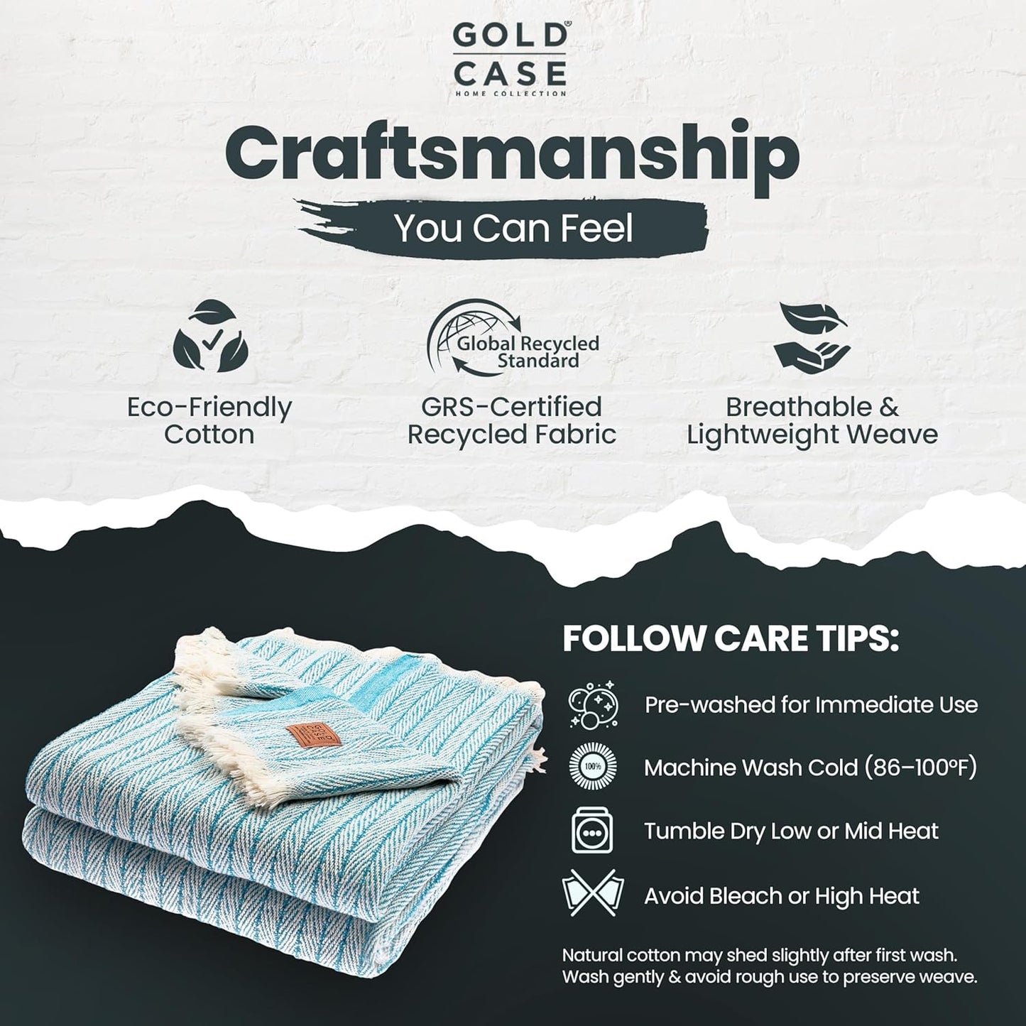 Gold Case Throw Blanket for Couch – 100% Recycled Turkish Cotton Blankets – Elegant Decorative Throw Blankets for Living Room Sofa – Woven Throws for Couch – Vintage Turquoise– 50x60 (Set of 2)