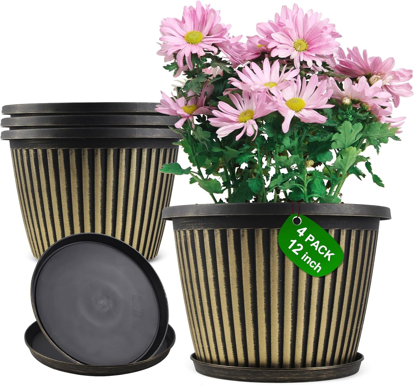 12 inch Planter Indoor Outdoor Plant Pots, 4 Pack Large Plastic Flower Pots with Saucer and Drainage Holes, Decorative Modern Garden Pots for Houseplants