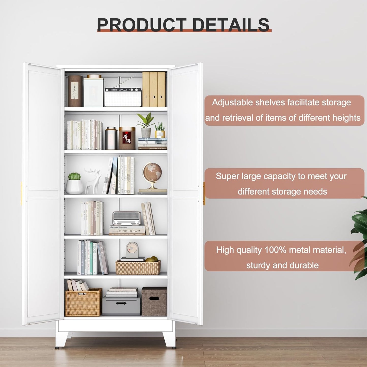 Kitchen Pantry Storage Cabinet with Doors and Adjustable Shelves, Metal ClosetMaid Food Pantry Cabinets, 75" Tall Freestanding Cupboard for Kitchen, Laundry or Utility Room, White