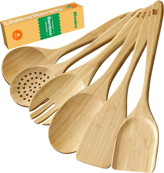 Riveira Brown Bamboo Wooden Spoons for Cooking Set of 6 – Natural Brown Bamboo Wooden Cooking Utensils, Wooden Spatula, Wooden Spoon - Premium Quality Wooden Utensil Set for Non-Toxic Cooking