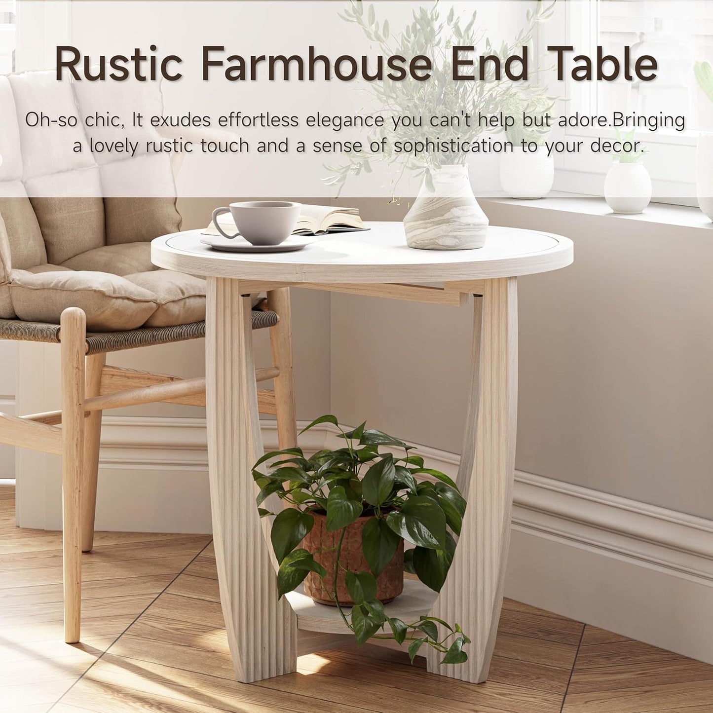 Rustic Farmhouse end Table X 2P with Storage Shelf, French Country Accent Side Table for Family, Dinning or Living Room, Small Spaces, Modern, Round, White