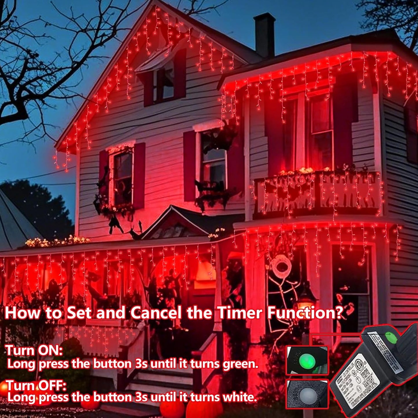 QITONG Red Halloween Lights for Outside, 33ft 400 LED Icicle Light with 8 Modes, 80 Drops Clear Wire Connectable Christmas Lights Indoor Plug in