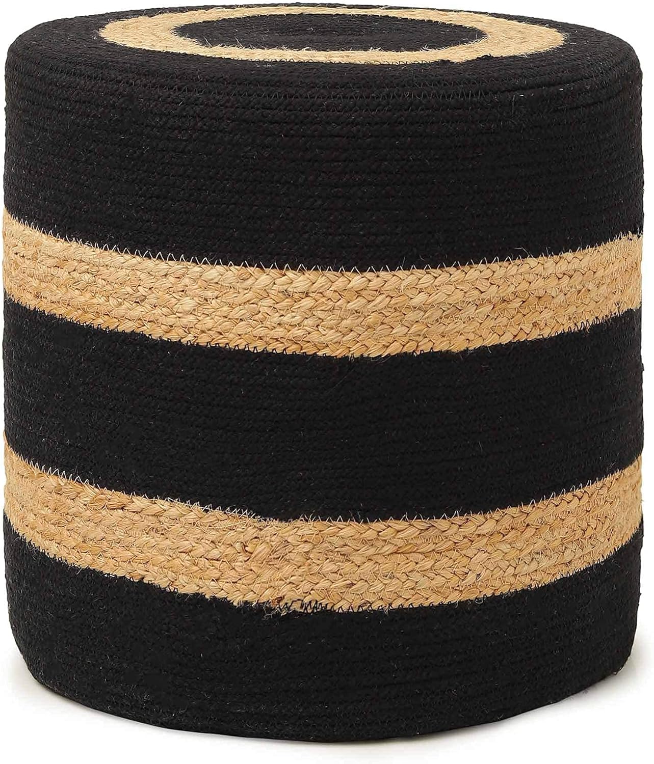 REDEARTH · Cylindrical Pouf Foot Stool Ottoman - Jute Braided Pouffe Poof Accent Sitting Footrest for The Living Room, Bedroom, Nursery, Patio, Lounge & Other Rooms (14.5”x14.5”x16”; Black Natural)