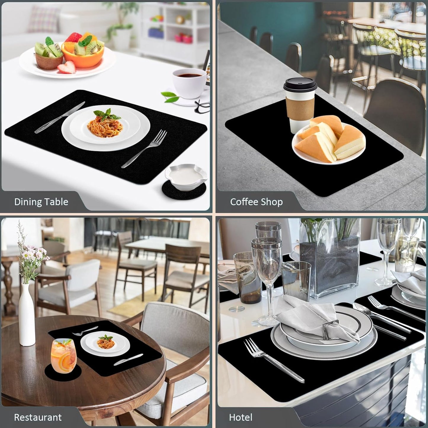 Faux Leather Placemats and Coasters Set of 6, Waterproof, Oil-Proof Wipeable, PVC Leather Place Mats, Anti Slip Heat Resistant Reversible Table Mats for Kitchen, Dining, Outdoor 17’’×12’’, (Black)