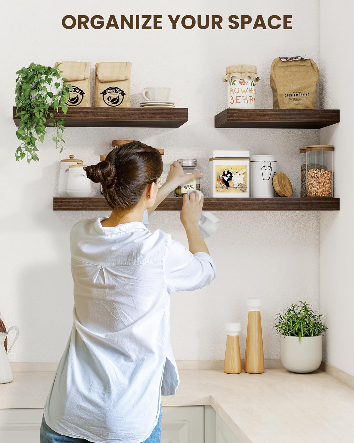 Marsmiles 31.5" Floating Shelves for Wall, Wooden Shelves with Invisible Brackets Set of 2, Rustic Farmhouse Wall Mounted Shelf for Kitchen Bathroom Living Room Study, Walnut