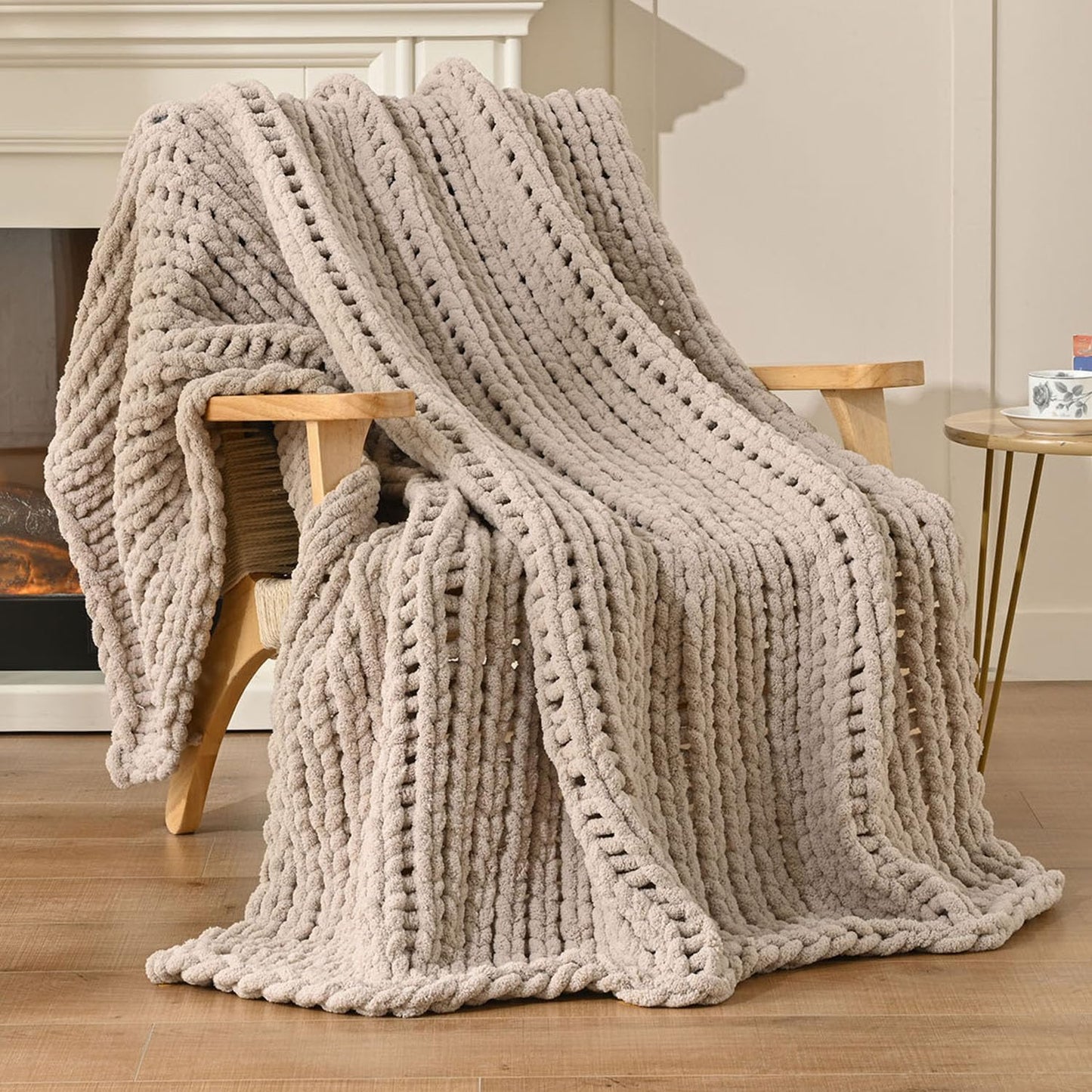 Esterra Chunky Knit Blanket Throw 60"x80", 100% Hand Knitted Chenille Throw Blanket, Cozy Soft Thick Cable Knit Throw Large Rope Knot Crochet Throw Blanket for Sofa Couch Bed, Linen Beige
