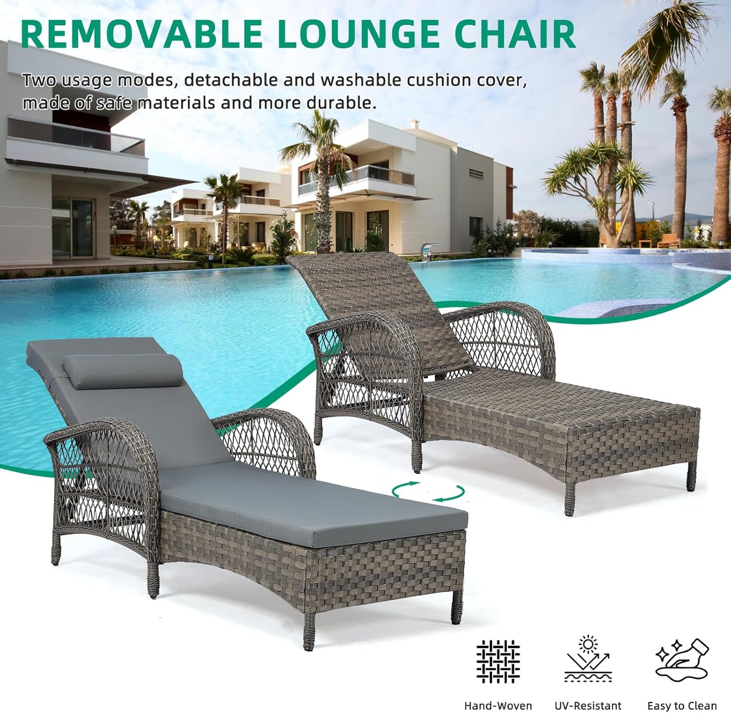 VIVIJASON Outdoor Wicker Chaise Lounge Chair Set of 2, All-Weather PE Rattan Cushioned Patio Lounger Chairs, 6-Position Adjustable Outside Pool Sunbathing Recliner with Armrest & Pillow, Gray