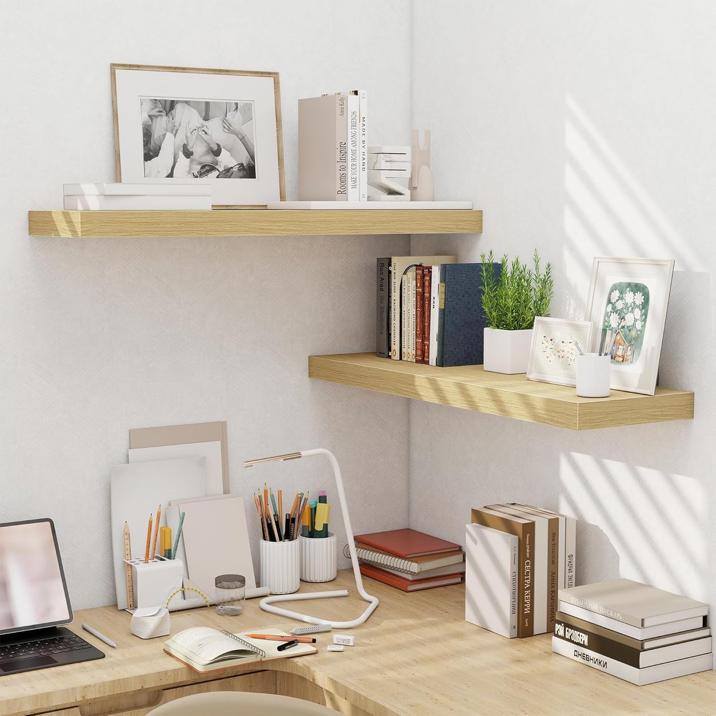 Fun Memories Floating Shelves for Wall 36 Inches, Wood Shelves with Invisible Bracket, 10" Deep Shelves Wall Mounted, Large Wood Floating Shelves for Living Room Bathroom, Oak, Set of 2