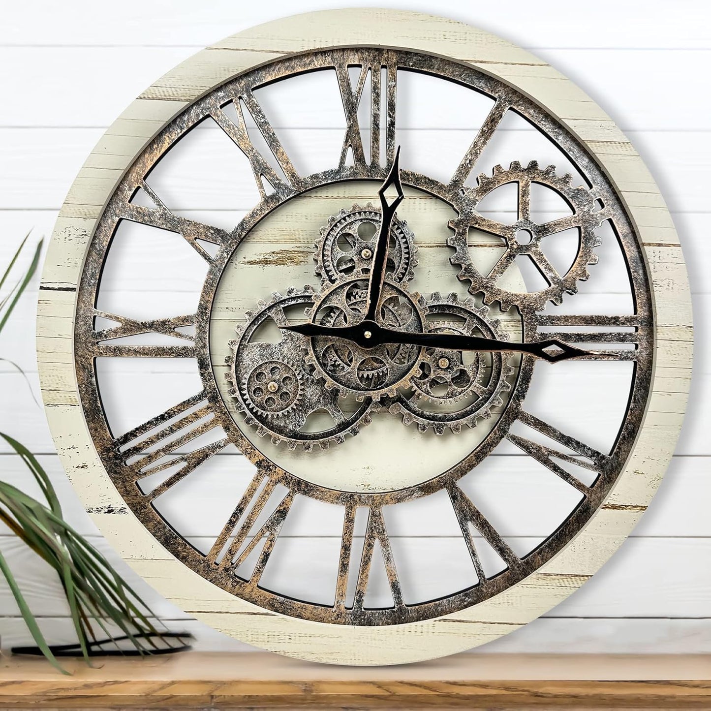The B-Style Large Wall Clock 24 inch Moving Gear Wall Clock Oversized Vintage Farmhouse Wall Clocks for Living Room Decor Rustic Industrial Wood Clock (Desert Beige, 24 inch/60cm)