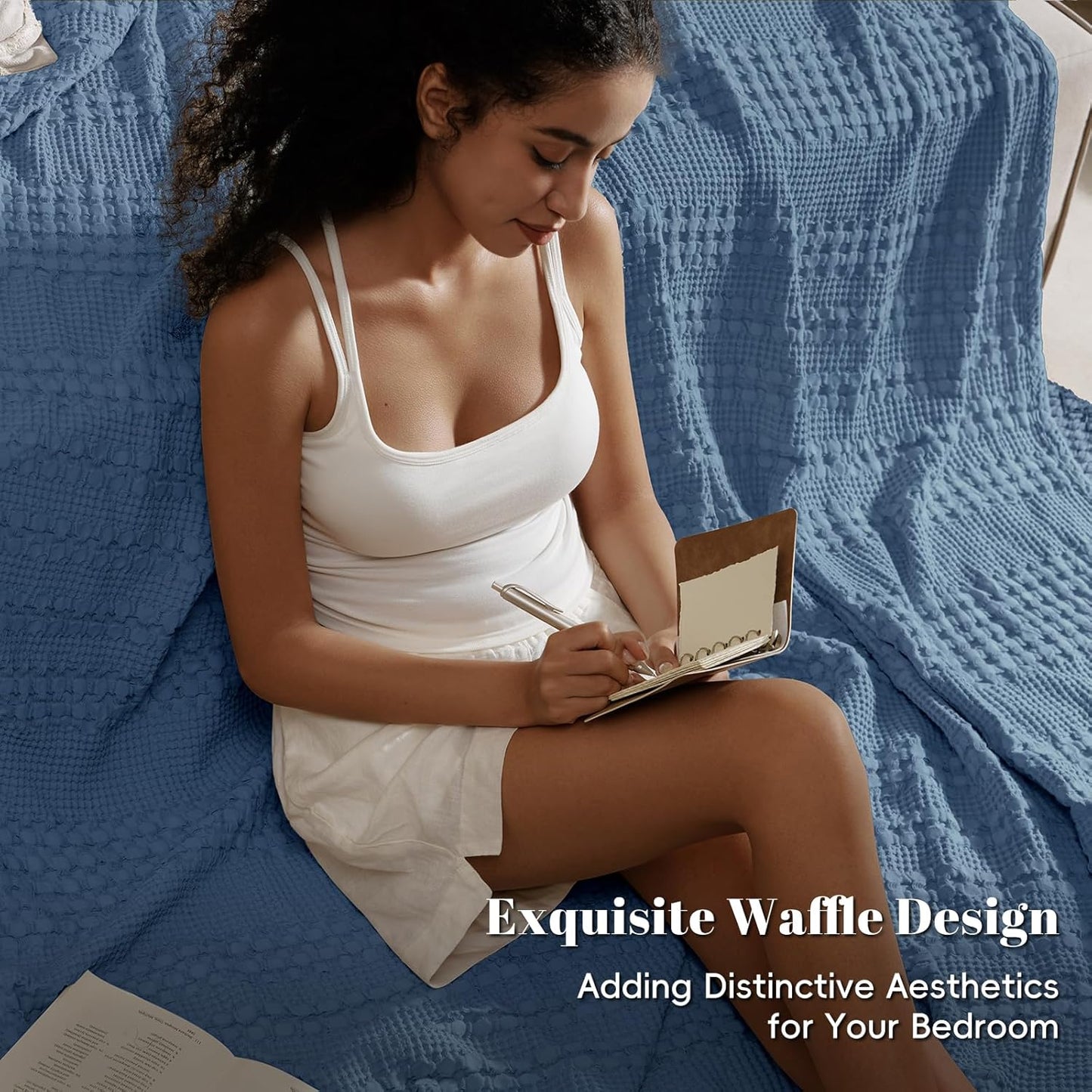 PHF 100% Cotton Waffle Weave Blanket King Size, Soft Lightweight Breathable Cozy Summer Blankets for Bed, Luxury Aesthetic Woven Bedding for Home Decor, 108"x90", Captain's Blue