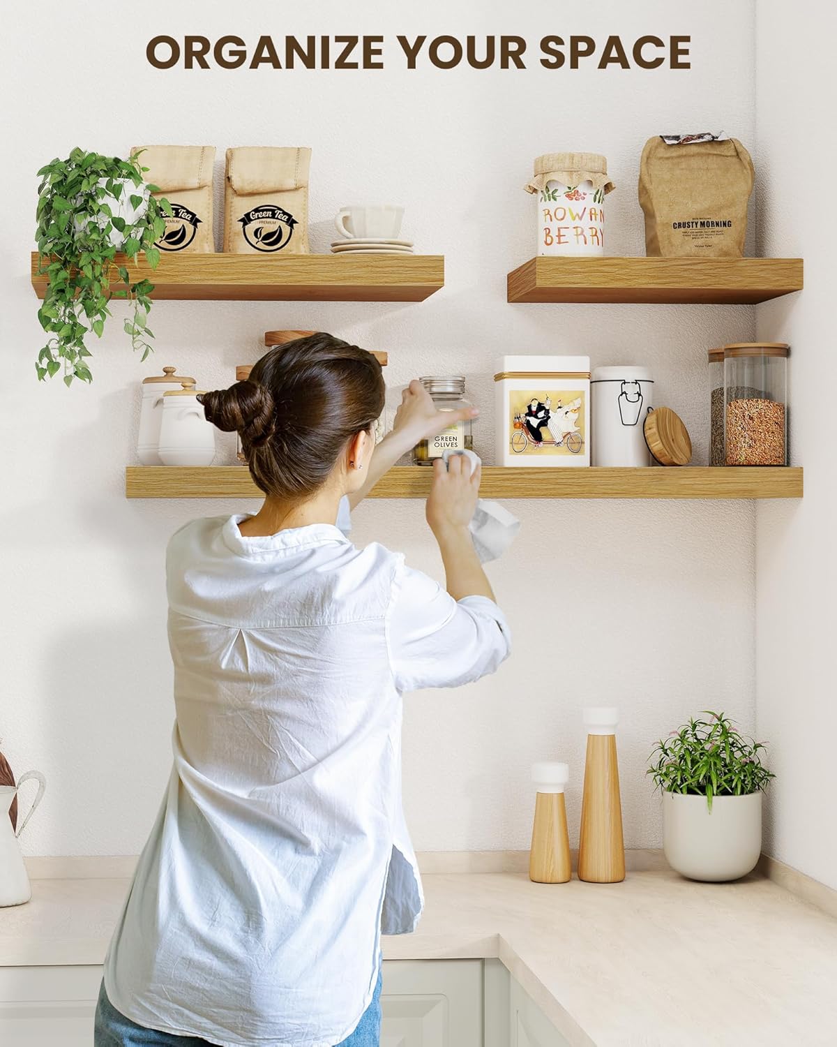 Marsmiles 16" Floating Shelves for Wall, Wooden Shelves with Invisible Brackets Set of 2, Rustic Farmhouse Wall Mounted Shelf for Kitchen Bathroom Living Room Study, Natural Oak