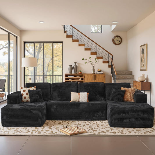 Cloud Sectional Couches for Living Room,U Shaped Modular Sofas No Assembly,133x68 Inches Plush Corduroy Oversized Floor Couch Set with Deep Seat Chaise,Black