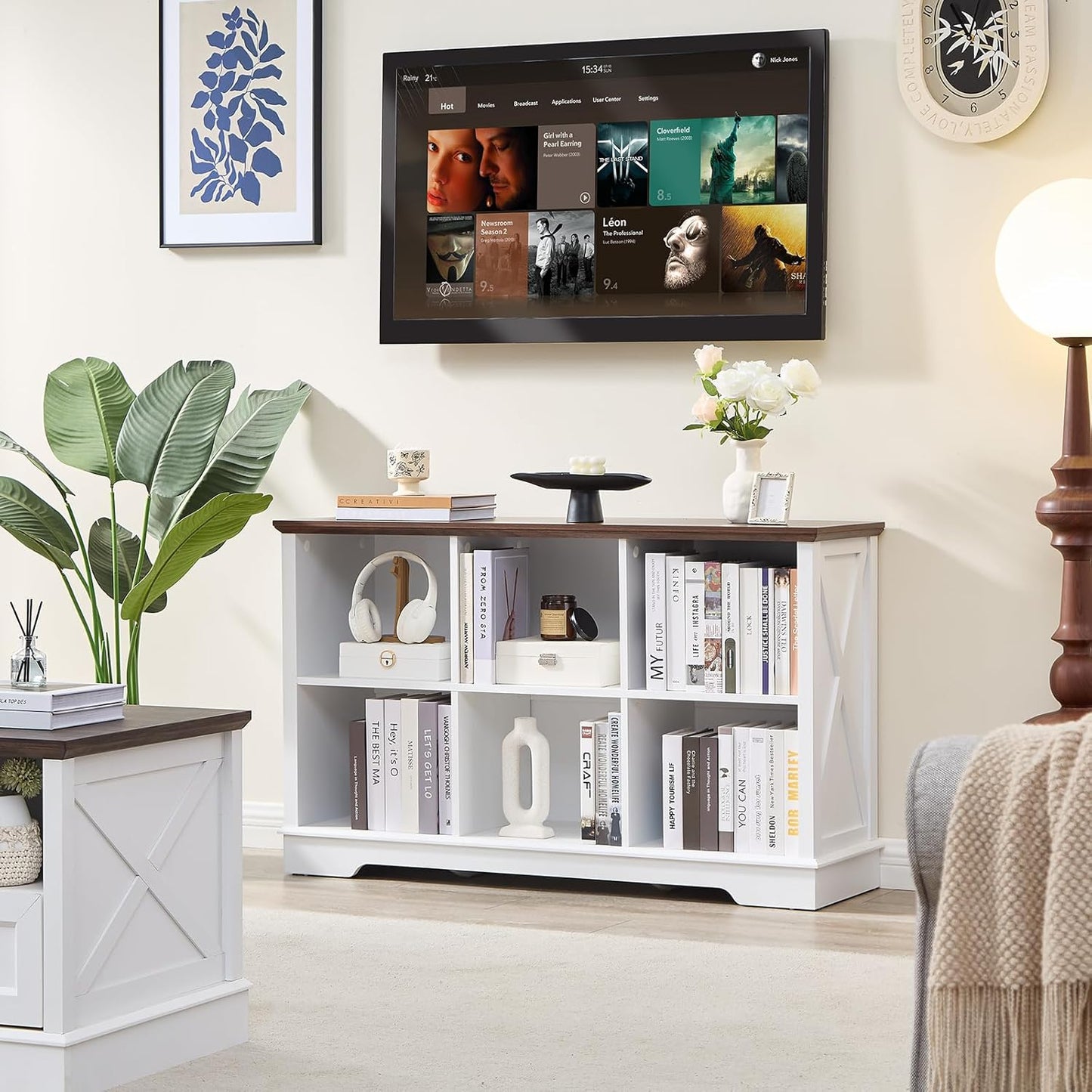 Farmhouse 6 Cube Bookshelf, White Storage Organizer Bookcase, Kids Toy Storage Cabinet, Long Bookshelves Storage Organizer Shelf, Wood Display Cabinet Book Shelves for Bedroom,Living Room,Office