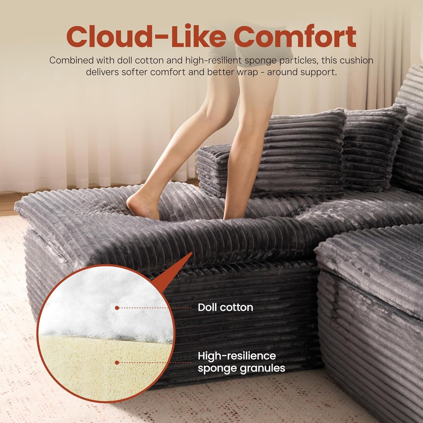 ovios 105” Modular Sectional Sofa with Thicken Seat Cushion, Cloud Couch with Deep Seat, Modern L-Shape Sofas Couches with Chaise,Upholstered Couches for Living Room Bedroom,Grey