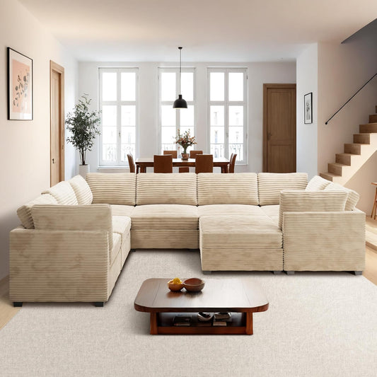 ovios Sectional Sofa Couch with U-Shape Chaise Sofa Bed, Comfy Modular Cloud Couches with Deep Seat, Modern Upholstered Plush Corduroy Sofas Set for Living Room, 8-Seater, Beige
