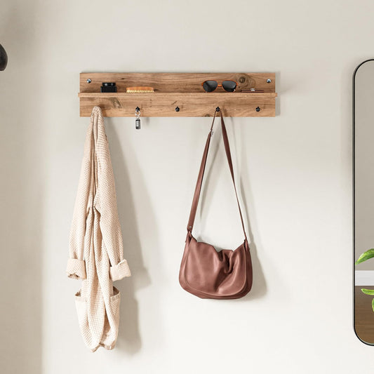 Modern Wall-Mounted Coat Rack with Shelf and Hooks - Wooden Entryway Organizer (Brown)