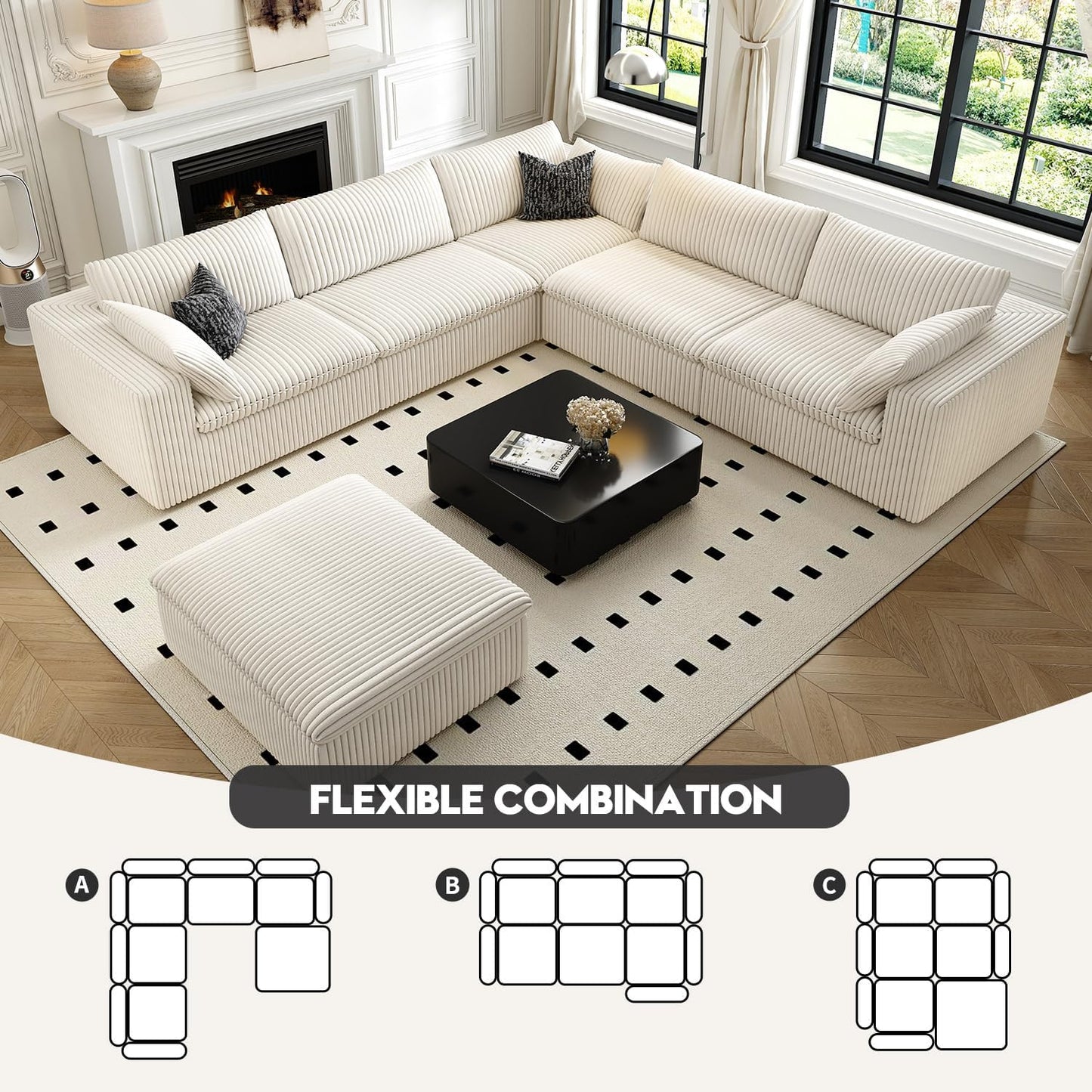 118" Cloud Couch Oversized Modular Sectional Sofa for Living Room,Modern Sofa with Deep Seat，6 Seater Boneless Couch,Comfy Upholstered Corduroy Couches for Apartment, Studio, Office,Bedroom，White