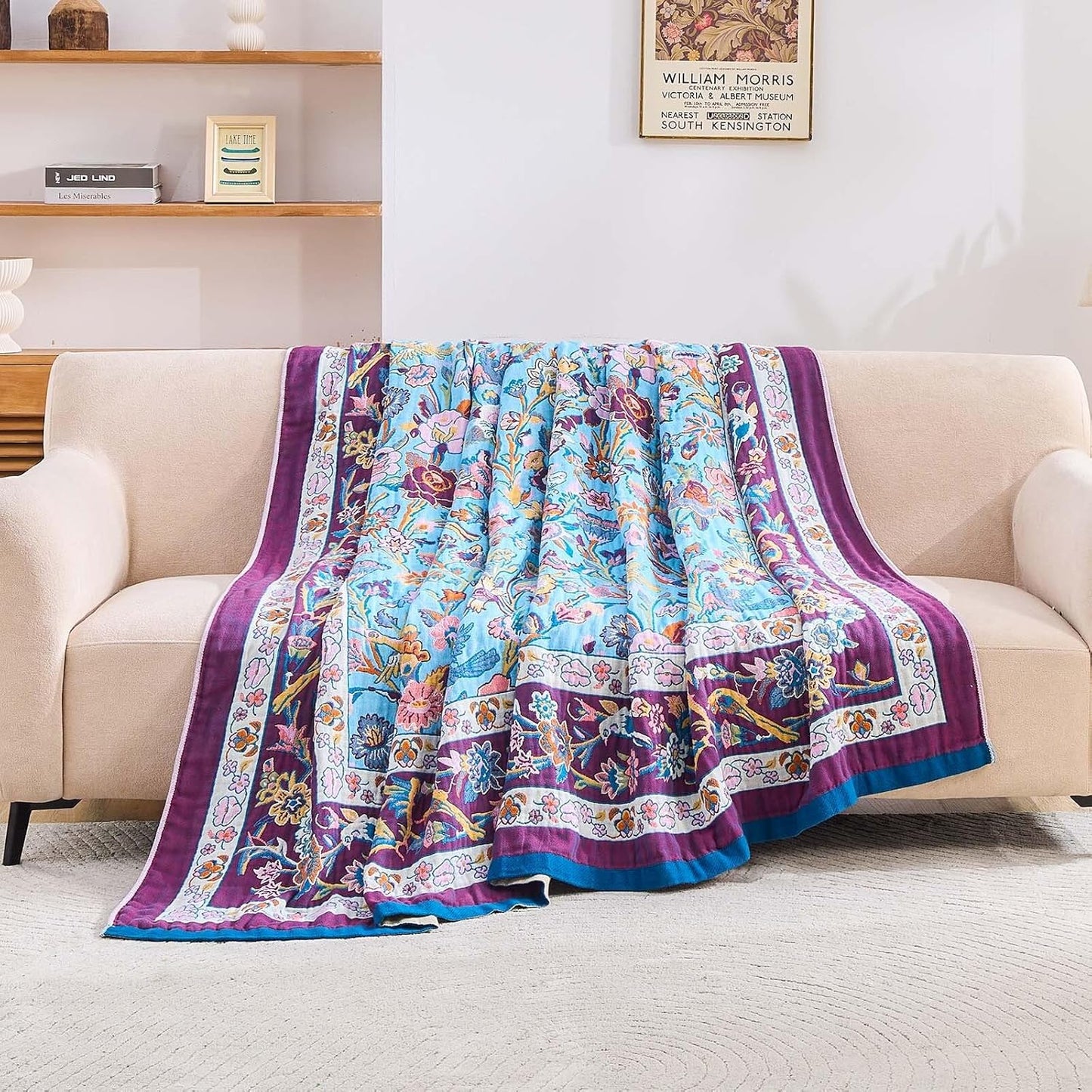 Fall Blanket for Bed, 100% Cotton Soft Rustic Boho Throw Blanket Quilt, 60"x80" Farmhouse Decor Bed Flower Blankets, Light Weight Reversible Bohemian Throw Quilt