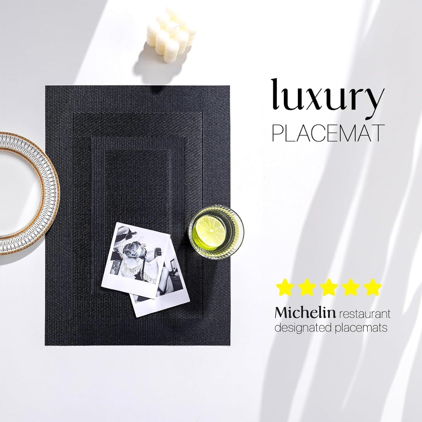 LEXMORE PlaceMats Set of 12 Vinyl/Plastic Woven Place Mats for Kitchen Table Indoor/Outdoor Washable PlaceMat Wipeable Dining Table Mats(Black Cube)