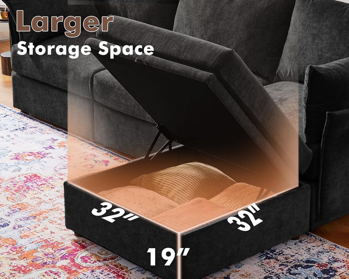 102.6" U Shaped Modular Sectional Sofa, 5 Seater Couch with Storage Ottoman Deep Seat and High Backrest with Removable Cover for Living Room, Apartment - Chenille Black